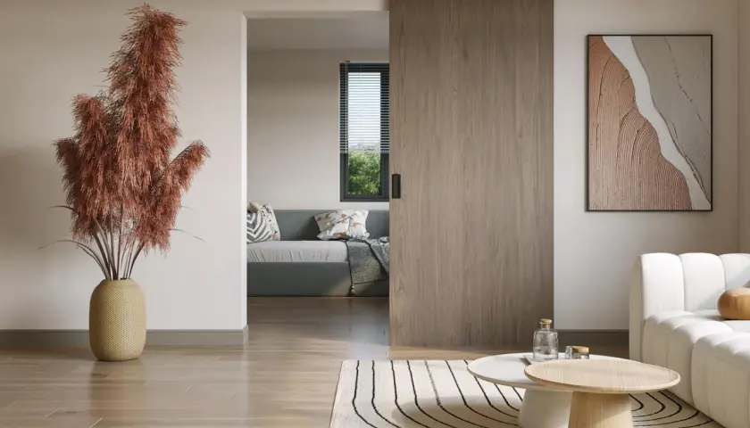 Instalar puerta corredera empotrada en un salón moderno con sofá gris, mesa de centro y planta decorativa.