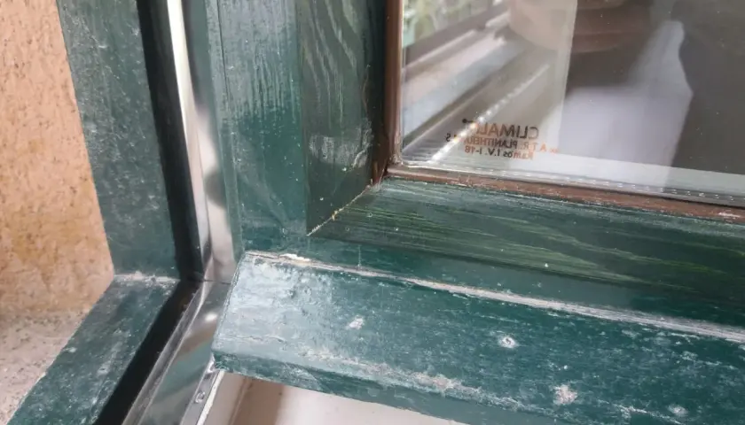 Detalle de marcos de madera antiguos pintados de verde, mostrando el proceso para aislar ventanas antiguas de madera y mejorar su eficiencia.