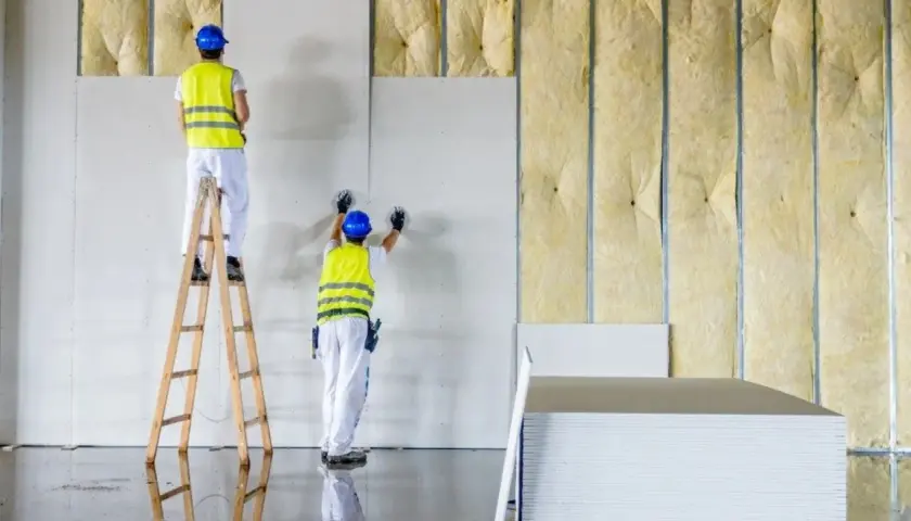Trabajadores instalan paneles de yeso sobre materiales de aislamiento acustico, creando un ambiente más silencioso.