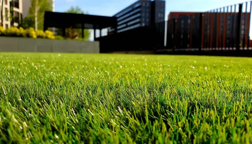 Césped artificial verde y vibrante, perfecto para aprender como limpiar cesped artificial y mantenerlo impecable. Edificios modernos al fondo.