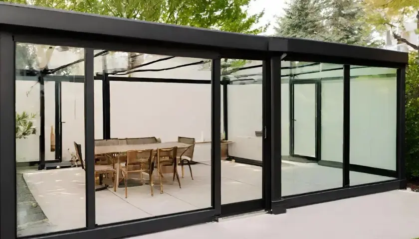 Modernos cerramientos de ventanas de cristal con estructura negra, creando un comedor exterior con mesa y sillas.