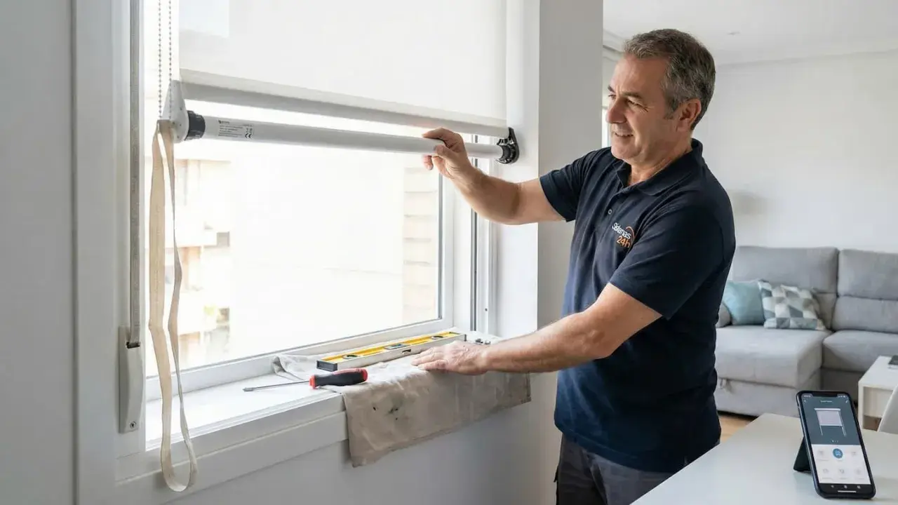 Técnico instalando motor para automatizar persianas eléctricas. Herramientas y móvil con app de control a la vista.