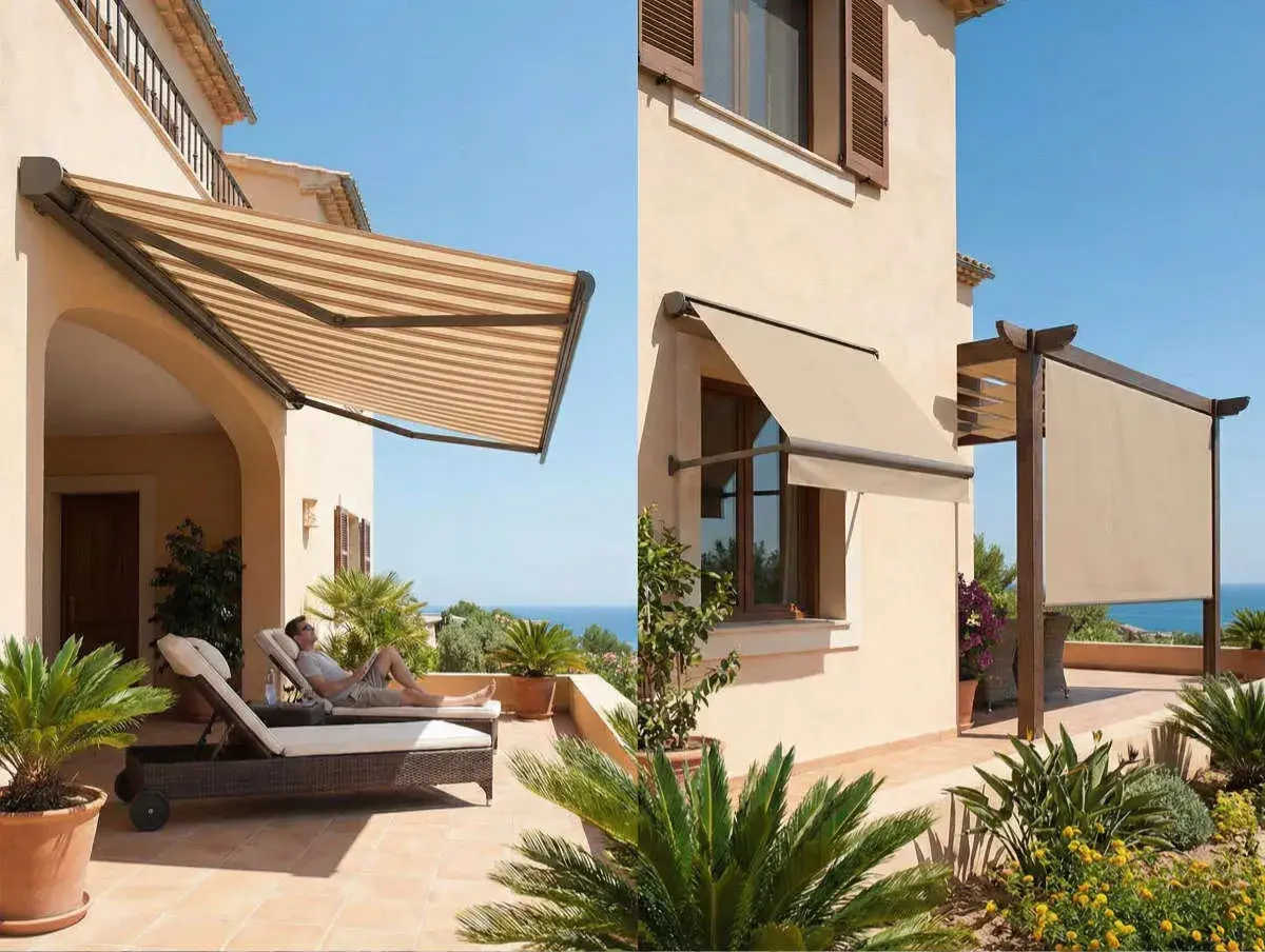 Disfruta del sol con estos tipos de toldos para patios: uno a rayas sobre tumbonas y otro beige sobre una ventana.