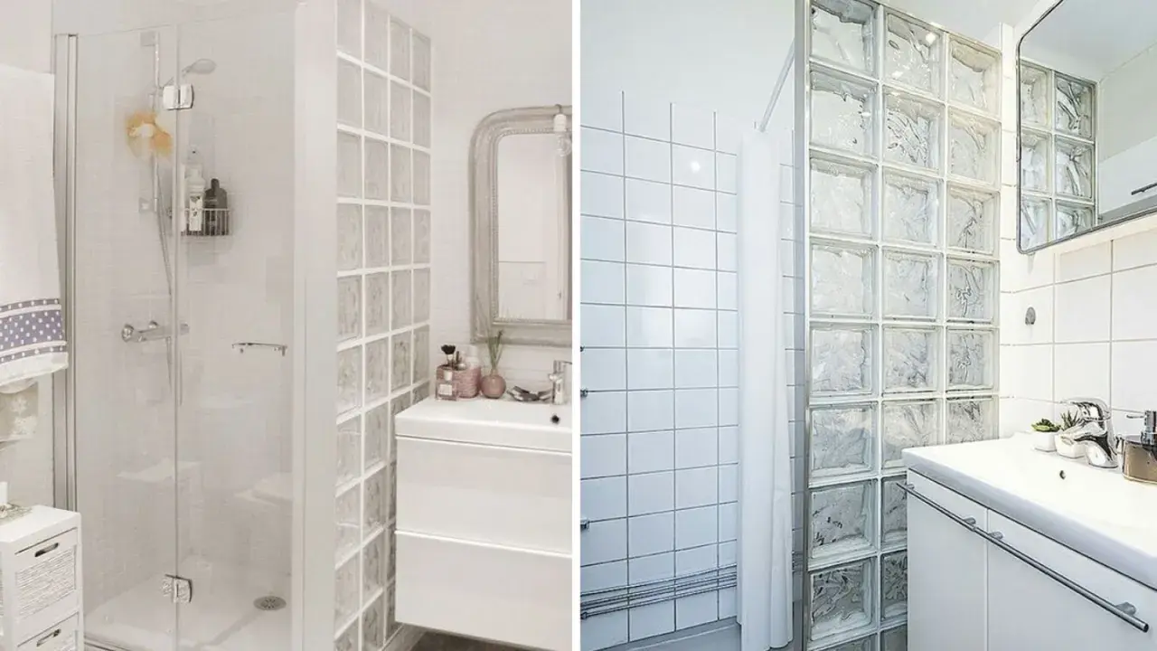 Ducha con mampara de cristal y pared de bloques de vidrio, ideal para evitar problemas de salpicaduras.