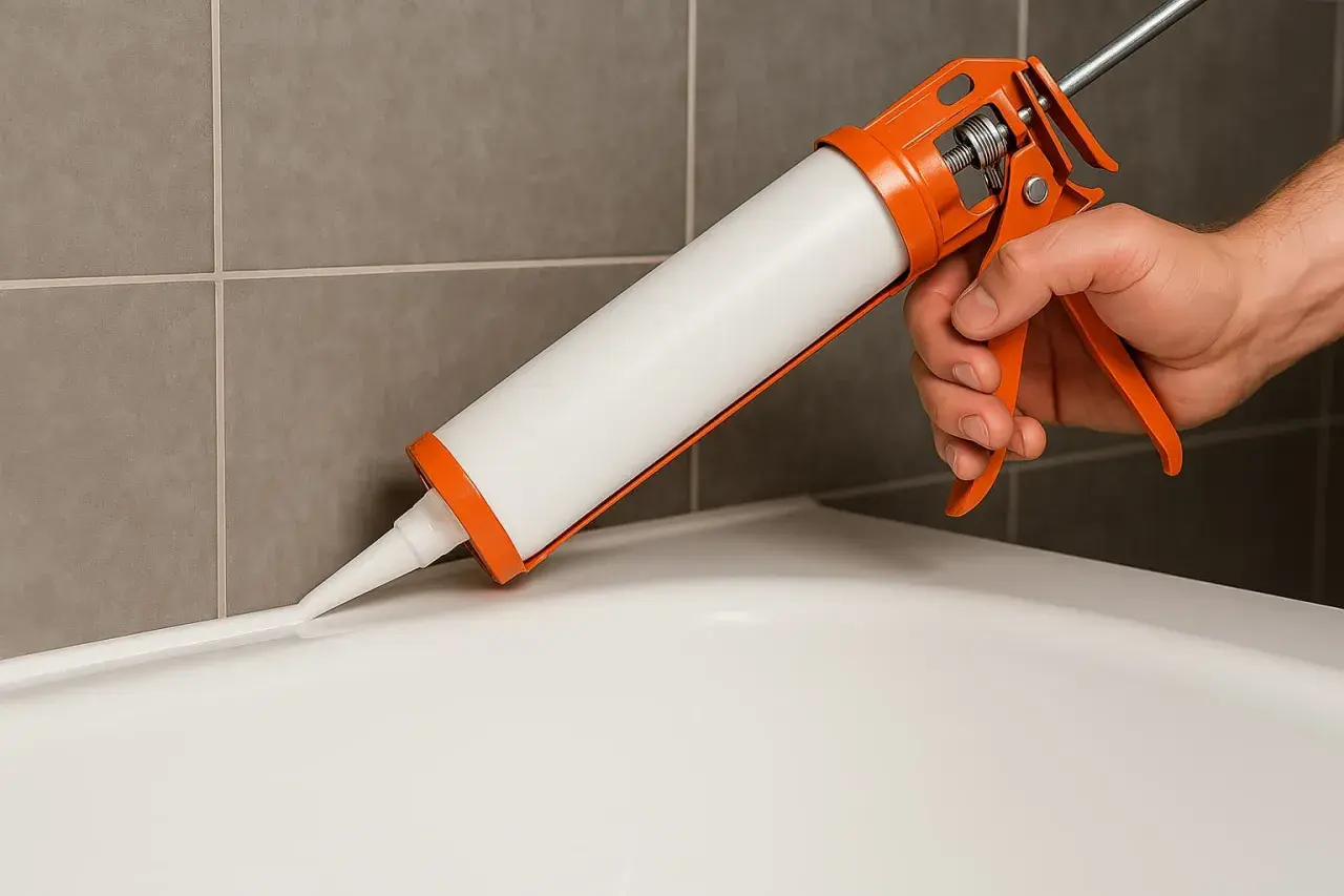 Mano aplicando silicona con pistola para sellar junta de bañera. Guía visual de como poner silicona en la ducha.