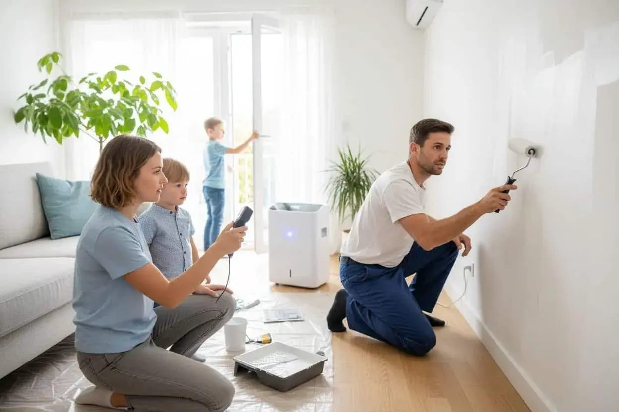 Familia pintando su casa para combatir la humedad. El padre pinta la pared, la madre y los niños observan.