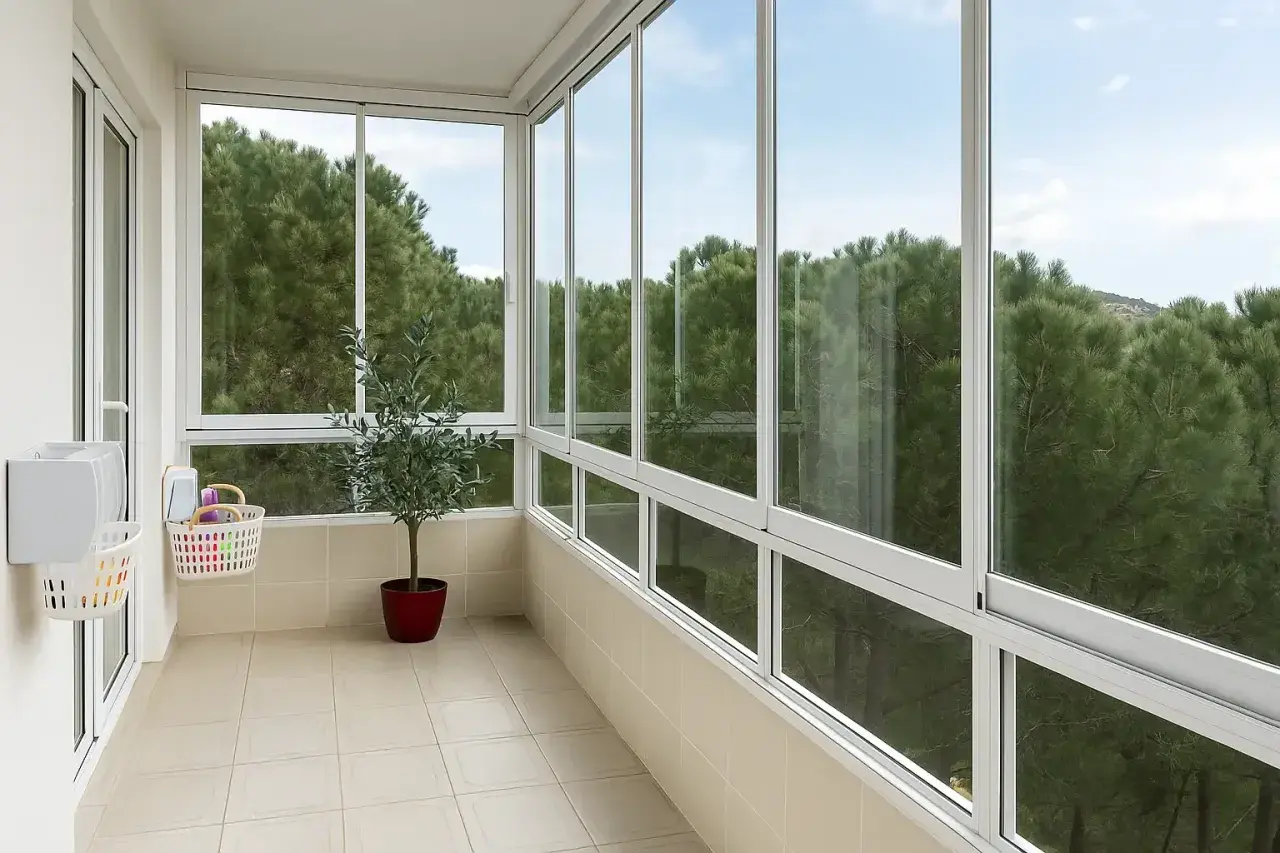 Balcones cerrados con ventanales que ofrecen vistas a un bosque de pinos. Una planta de olivo y cestas de almacenamiento añaden un toque hogareño.