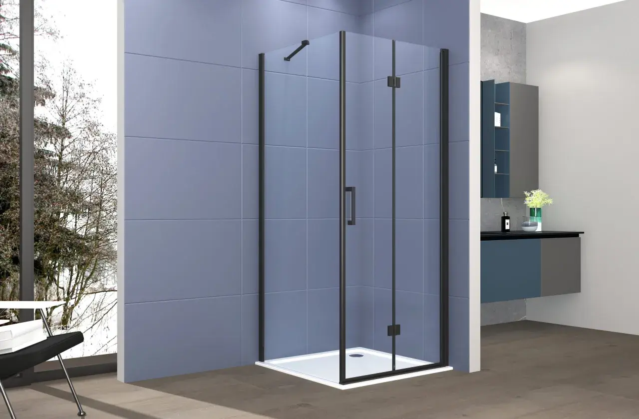 Mampara de ducha de esquina con perfilería negra, lista para instalar. Un diseño moderno para tu baño.