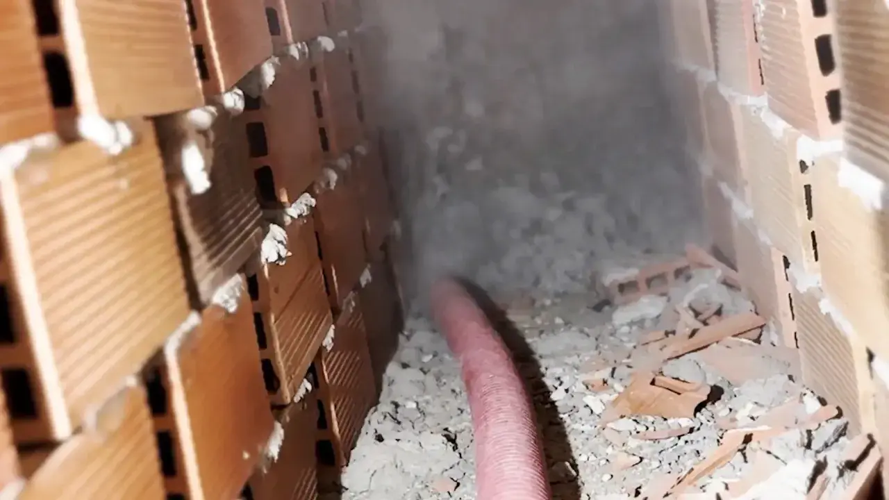 Proceso de aislamiento para como aislar un techo del calor, con material espumoso inyectado en cavidades de ladrillo.