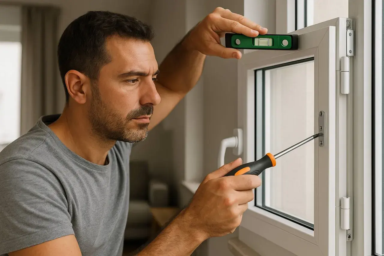 Hombre ajustando un **arreglo de ventanas de PVC** con nivel y destornillador.