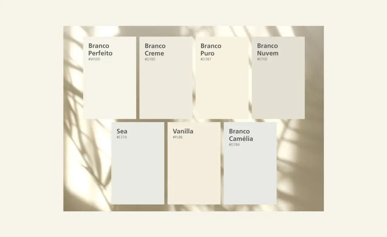Paleta de tipos de blanco pintura pared: Branco Perfeito, Creme, Puro, Nuvem, Sea, Vanilla y Camélia.