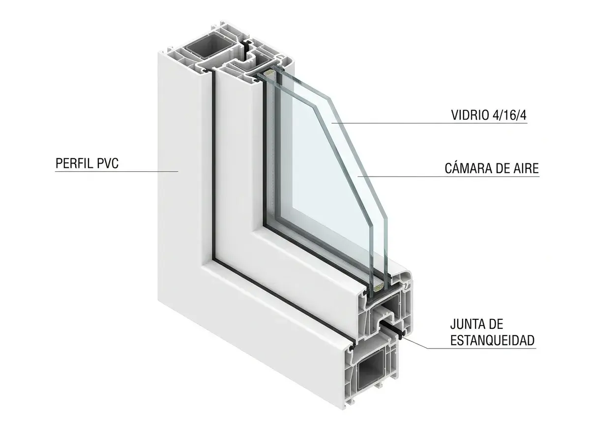 Corte de ventana PVC con doble acristalamiento y junta de estanqueidad. Ideal para el plan renove ventanas Comunidad de Madrid.