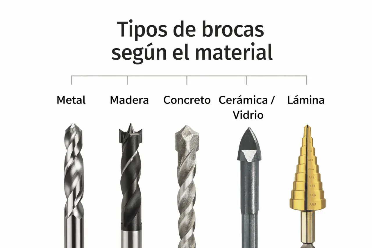 Cinco tipos de brocas para pared: metal, madera, concreto, cerámica/vidrio y broca escalonada.