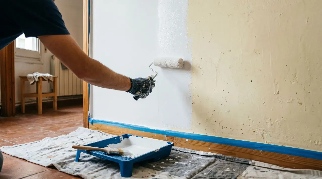 Persona aplicando pintura blanca con rodillo en pared, mostrando cómo hacer gotele con rodillo. Bandeja con pintura y brocha en el suelo.