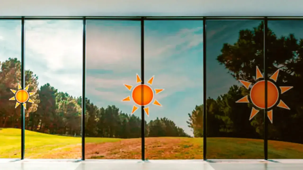 Ventana con **cristales que se oscurecen con el sol**, mostrando un paisaje de campo y árboles.