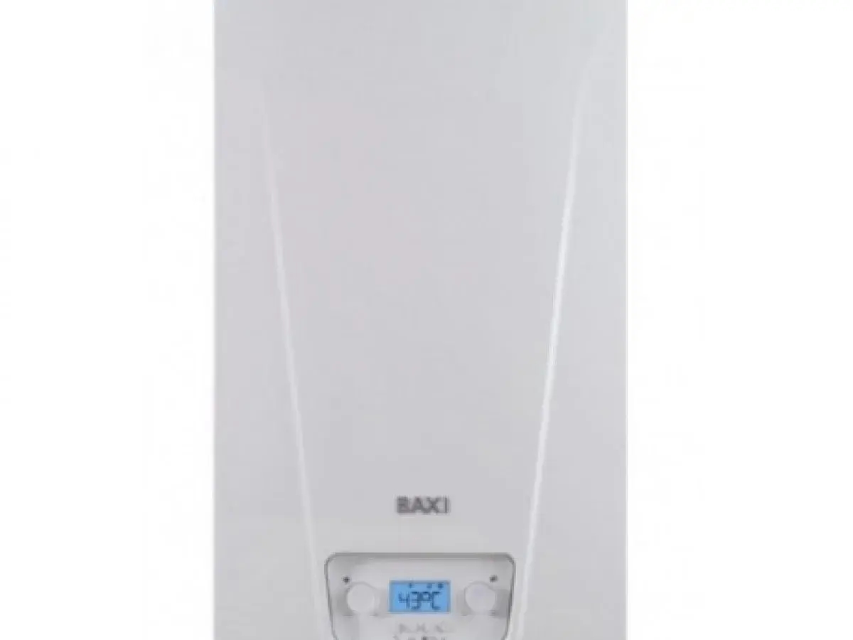 Caldera Baxi Neodens Plus. Pantalla digital muestra 43°C. Guía para bajar presión.