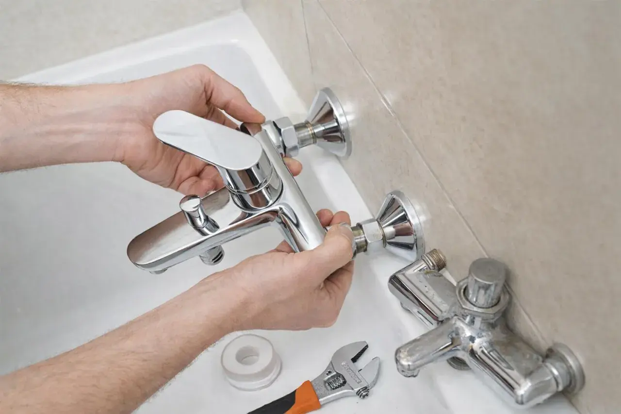 Man installing a new shiny grifo bañera. A wrench and tape are nearby.
