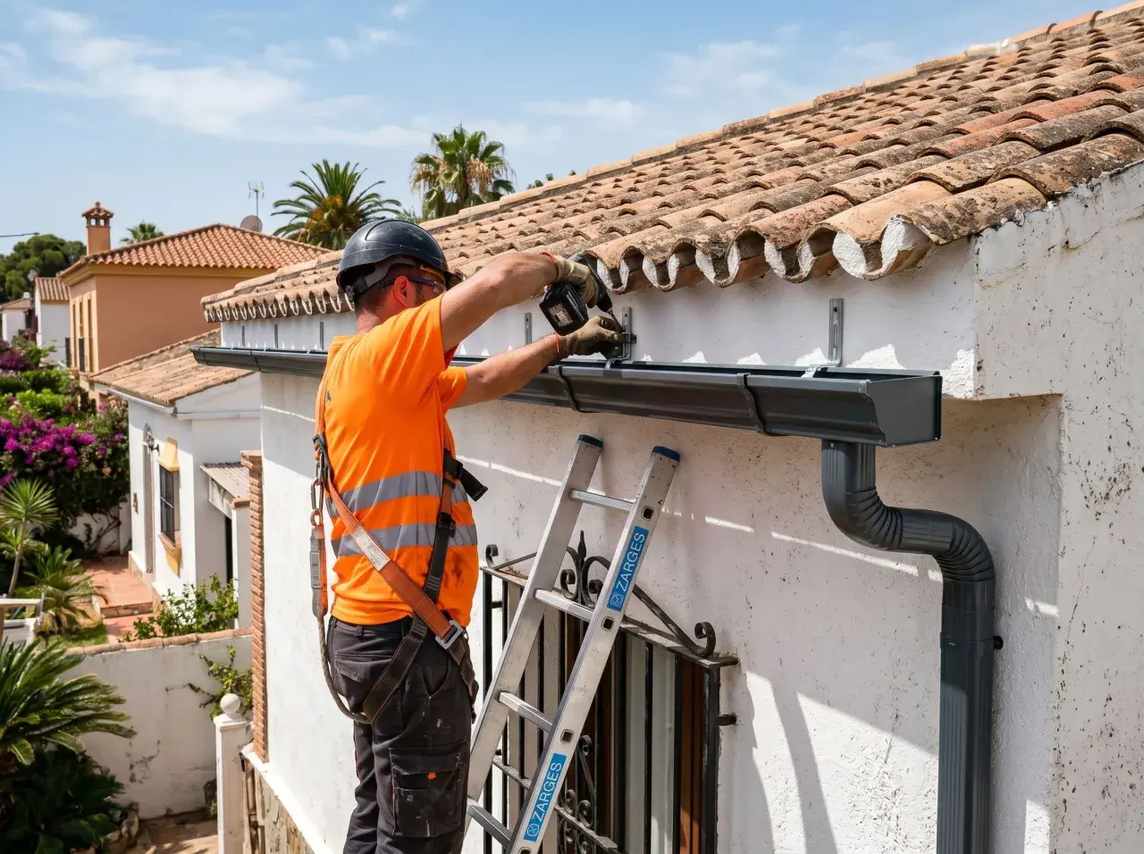 Trabajador en altura realizando la instalacion de canalones en una casa con tejas.