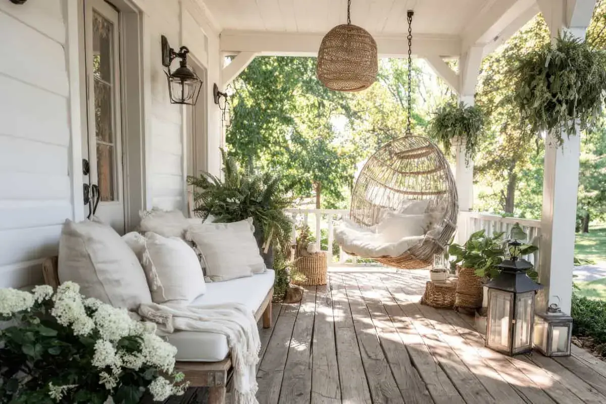 Ideas para decorar un porche cerrado: un banco acogedor, una silla colgante de mimbre y plantas crean un oasis de paz.