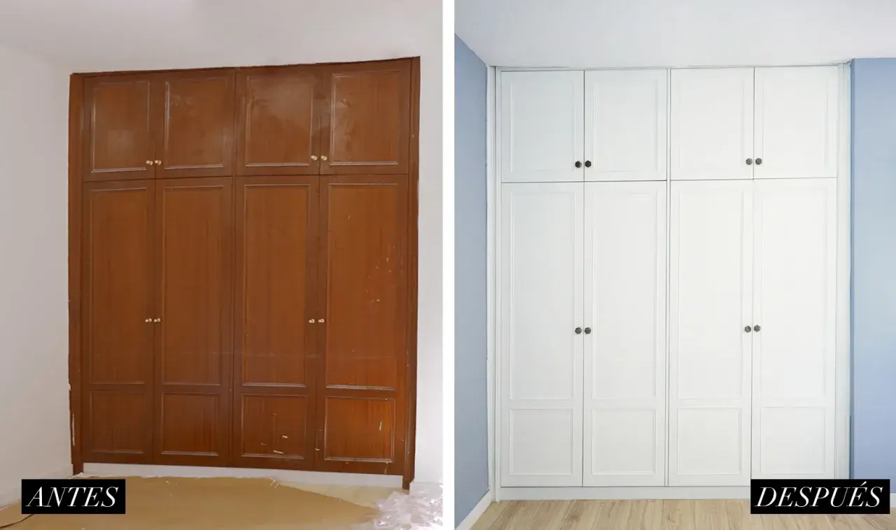 Antes y después de pintar armarios empotrados. Un cambio radical de madera oscura a blanco luminoso.
