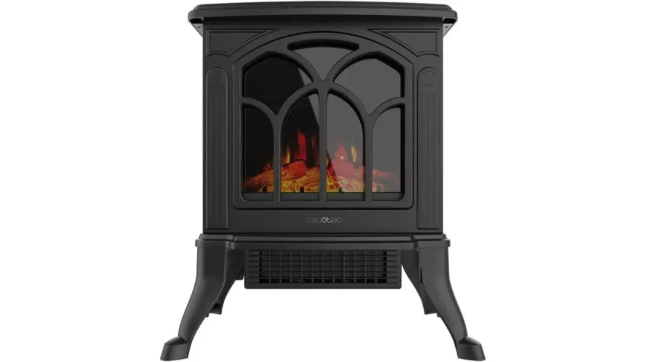 Chimenea eléctrica negra con efecto de leña ardiendo, ideal para aprovechar su diseño y calidez para calefacción.