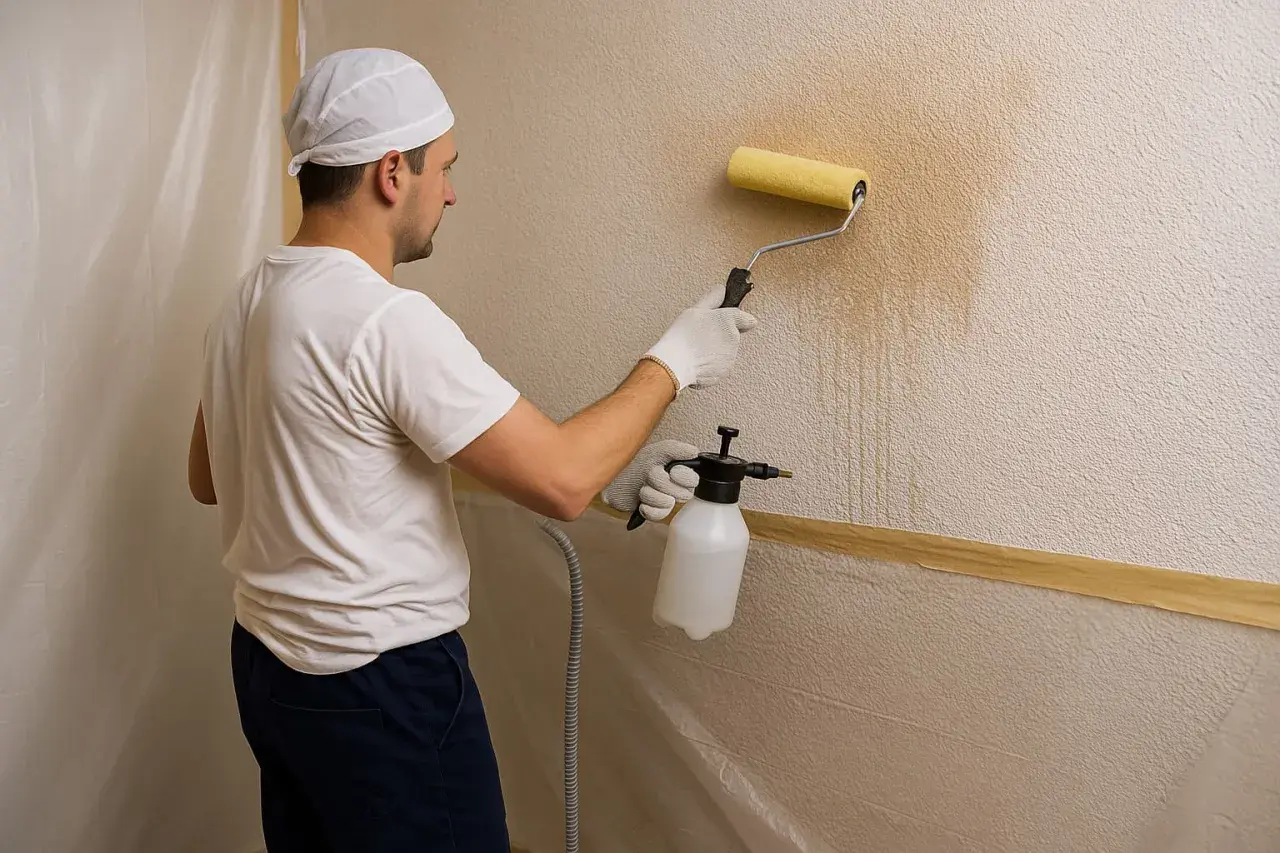 Hombre con rodillo y pulverizador aplica producto para quitar gotele de la pared.