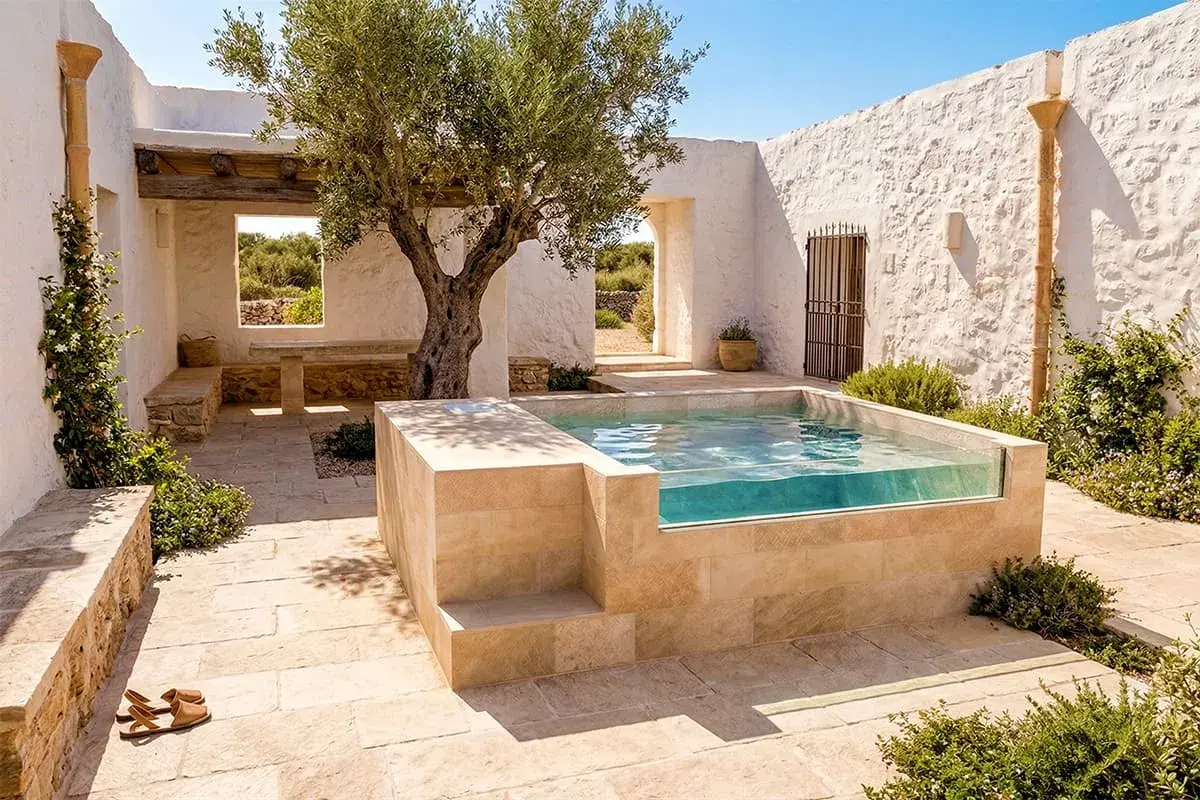 Piscina de obra pequeña con paredes de cristal, rodeada de piedra y un olivo. Ideal para aprender como hacer una piscina de obra pequeña.