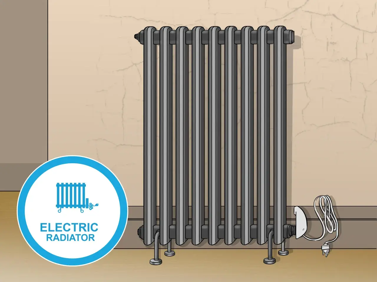 Radiador eléctrico gris con cable y enchufe. El radiador se abre hacia la derecha.