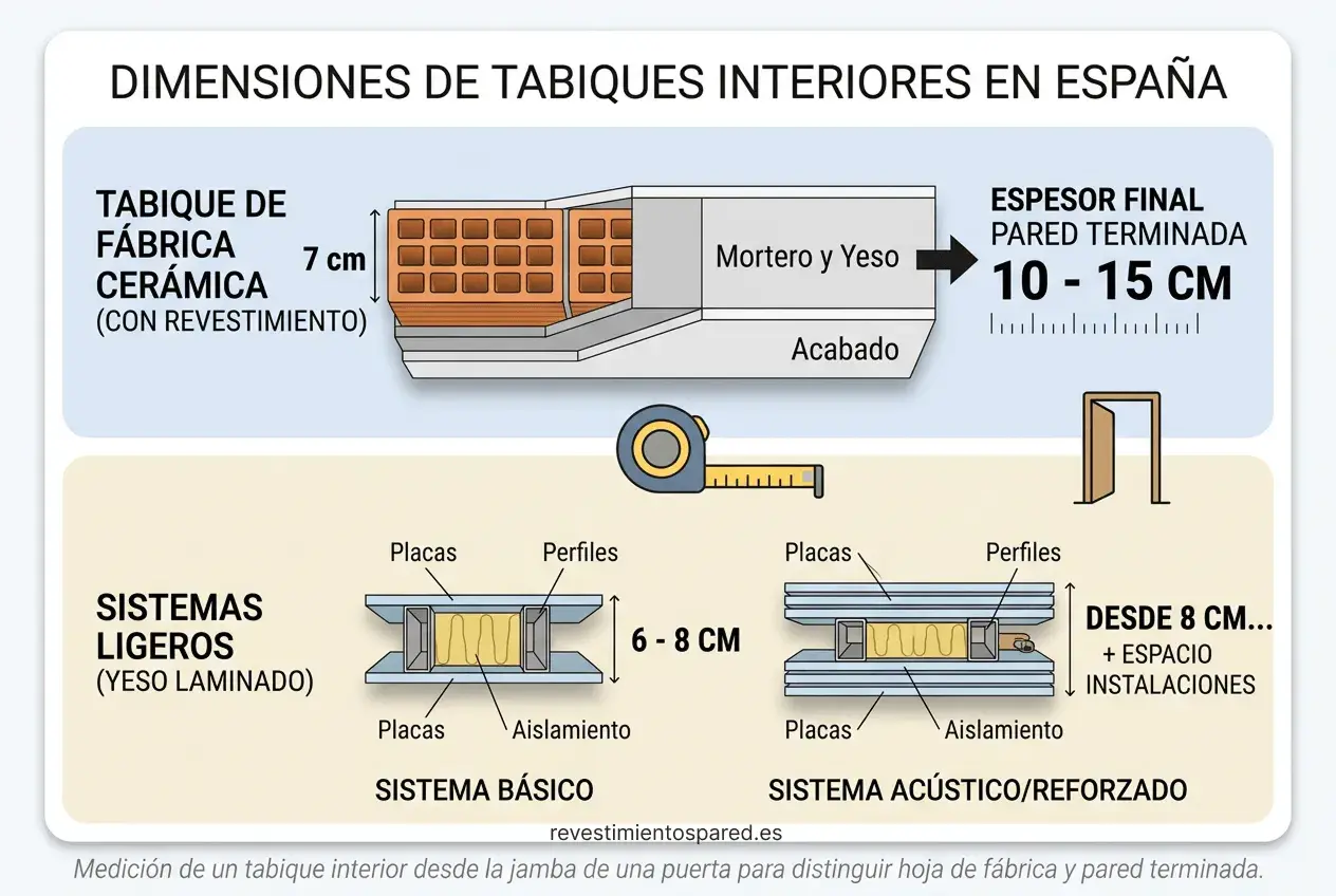 Comparativa de grosores de tabiques interiores: fábrica cerámica (10-15 cm) y sistemas ligeros de yeso laminado (desde 6-8 cm), mostrando el grosor tabique pladur.