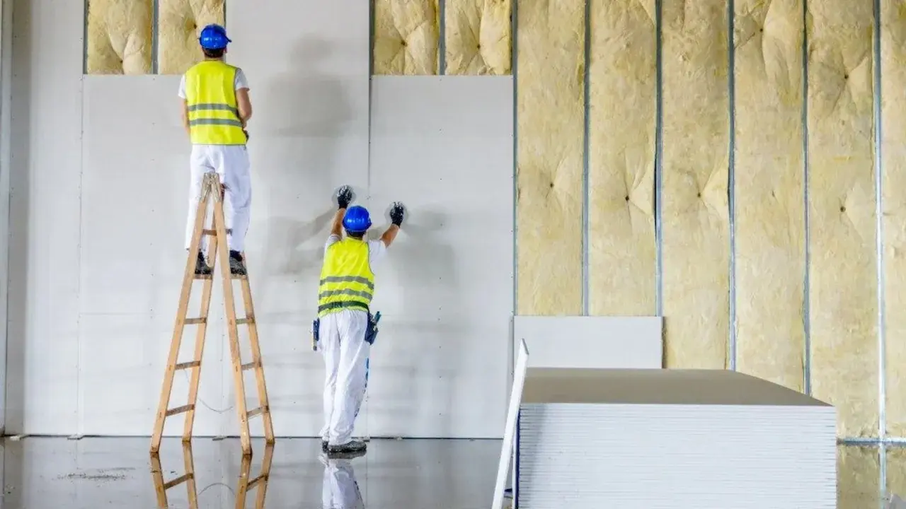 Trabajadores instalan paneles de yeso sobre materiales de aislamiento acustico, creando un ambiente más silencioso.