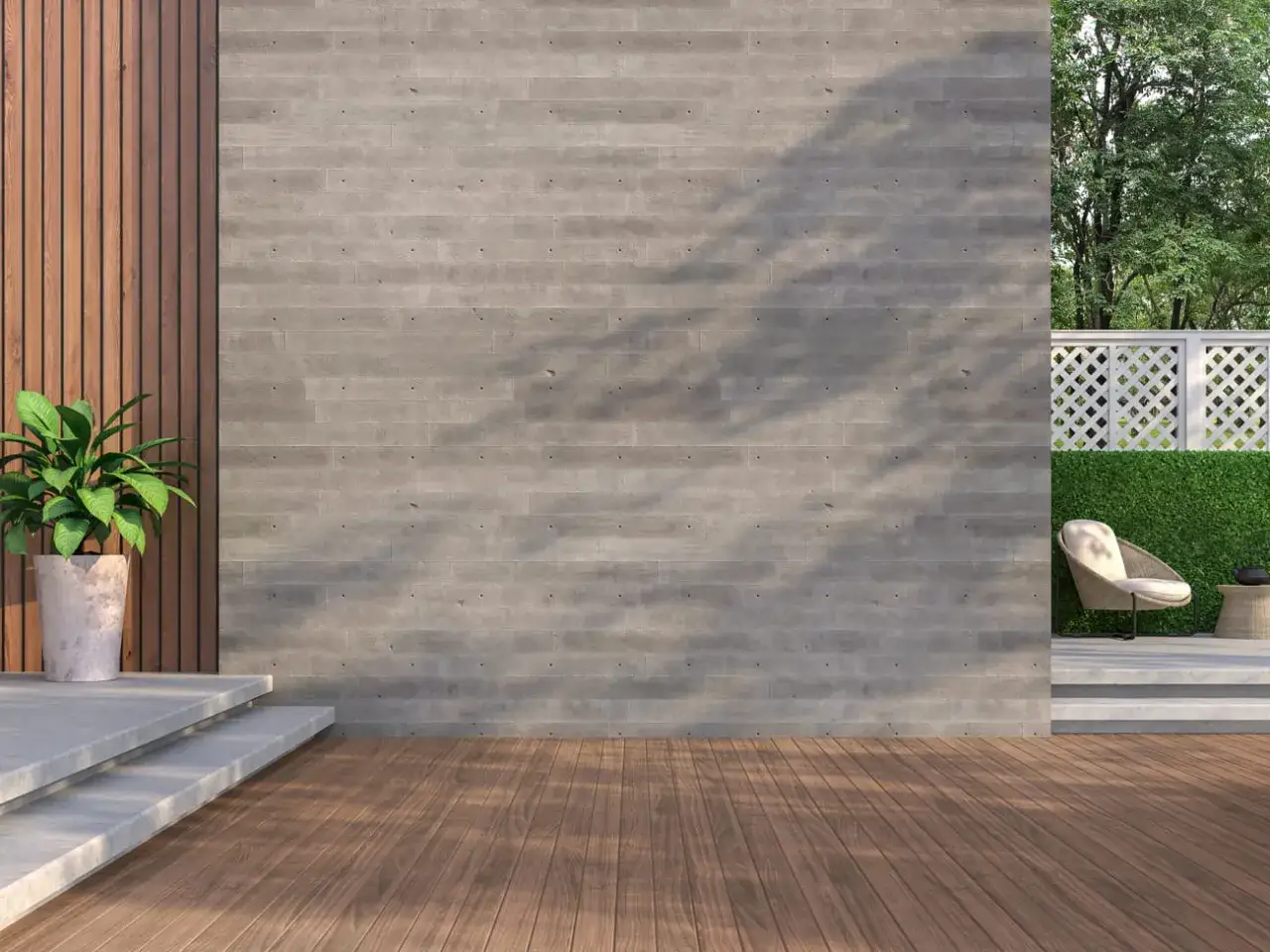 Pared de hormig&oacute;n impreso con textura de madera, ideal para exteriores. Aprende como hacer hormigon impreso para tu jard&iacute;n.