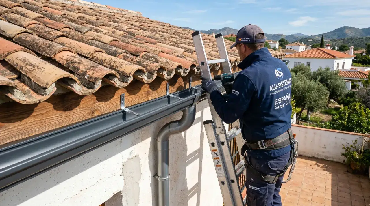 Profesional en escalera realiza la instalacion de canalones en un tejado de tejas rojas, con herramientas y equipo de seguridad.