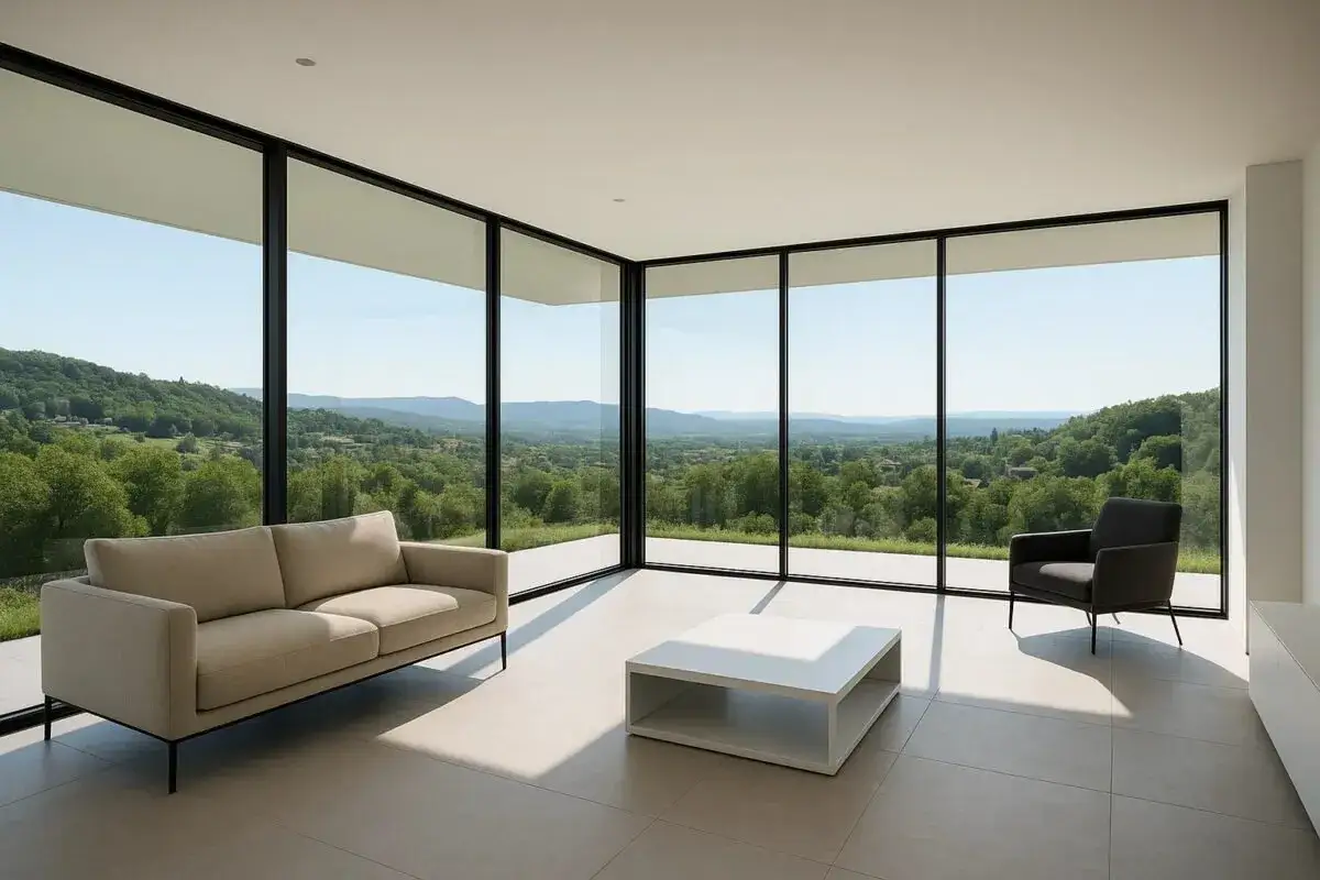 Salón moderno con sofás y mesa de centro, disfrutando de vistas panorámicas a través de amplios cerramientos de ventanas.