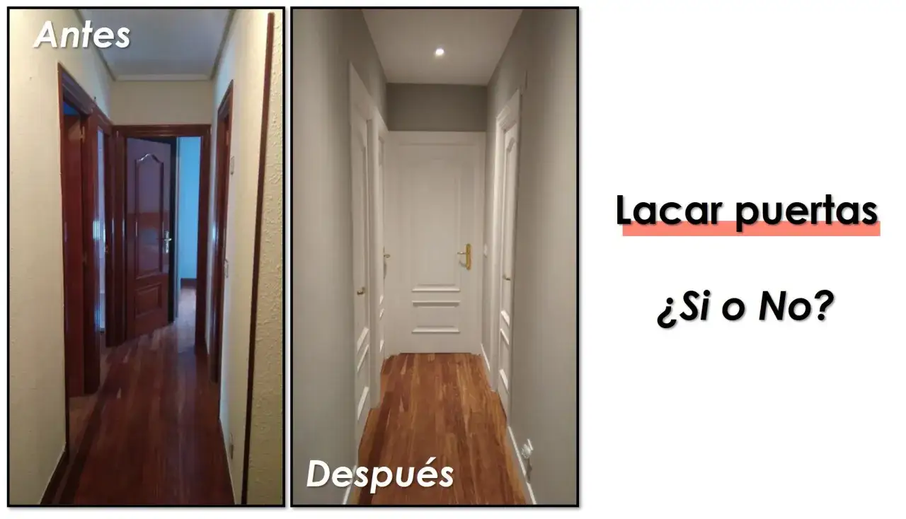 Pasillo con puertas barnizadas antes y despu&eacute;s de lacarlas. El resultado es un cambio radical, &iquest;te animas a lacar puertas barnizadas?