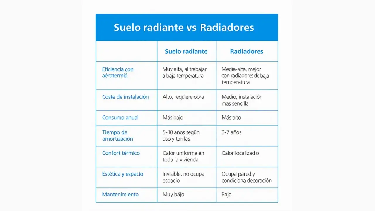 Tabla comparativa de suelo radiante vs radiadores, analizando eficiencia, coste, consumo y confort t&eacute;rmico para elegir el mejor sistema de calefacci&oacute;n.