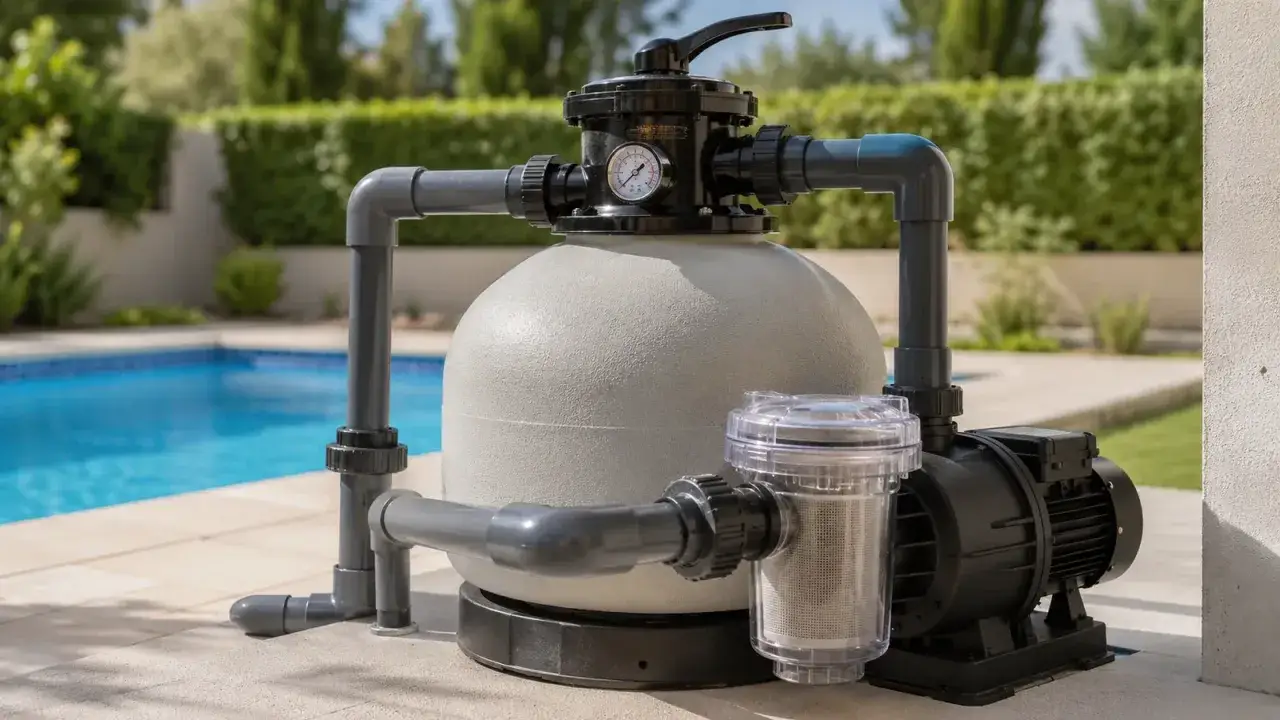 Sistema de filtraci&oacute;n y bomba para el mantenimiento de piscinas, listo para mantener el agua cristalina.