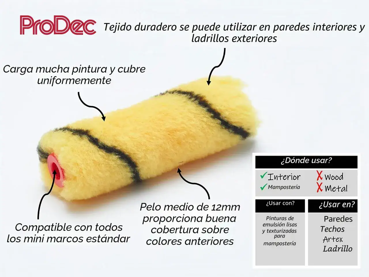 Rodillo ProDec amarillo y negro, ideal para como pintar paredes interiores y exteriores, con pelo de 12mm para buena cobertura.