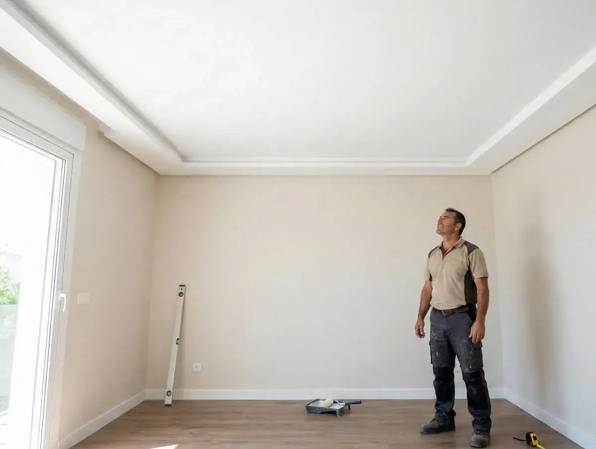 Un hombre revisa una pared de pladur reci&eacute;n instalada, con herramientas de construcci&oacute;n a su alrededor.