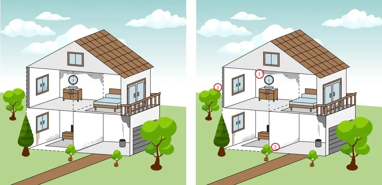 Ilustración de una casa con problemas de humedad. Se señalan puntos de condensación y moho, indicando la importancia de controlar la temperatura de rocío para evitar daños.
