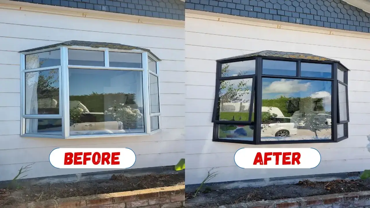 Antes y después de pintar ventanas de aluminio de blanco a negro, modernizando la fachada de la casa.