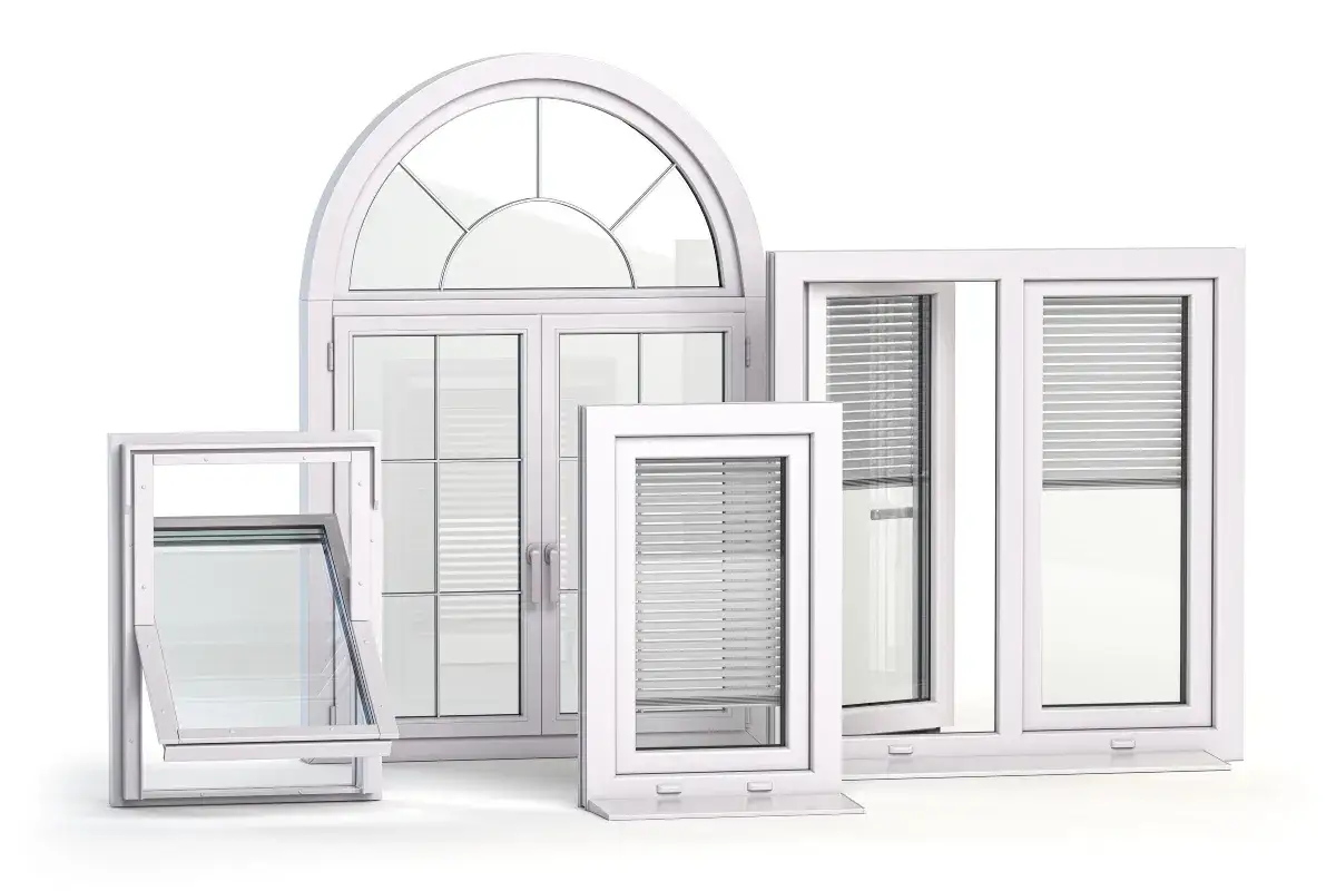 Variedad de tipos de ventanas blancas: arqueada, de doble hoja, abatible y con persianas integradas.