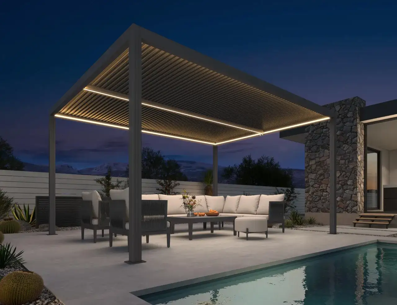 Modern pergola con iluminaci&oacute;n LED integrada, perfecta para crear ambiente. Ideas para iluminar una pergola y disfrutar del exterior.