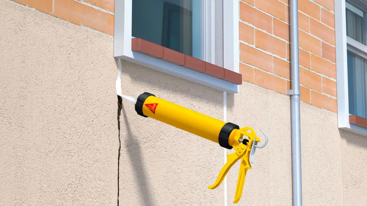 Pistola de calafateo amarilla aplicando sellador para como arreglar grietas profundas en paredes exteriores, cerca de una ventana.