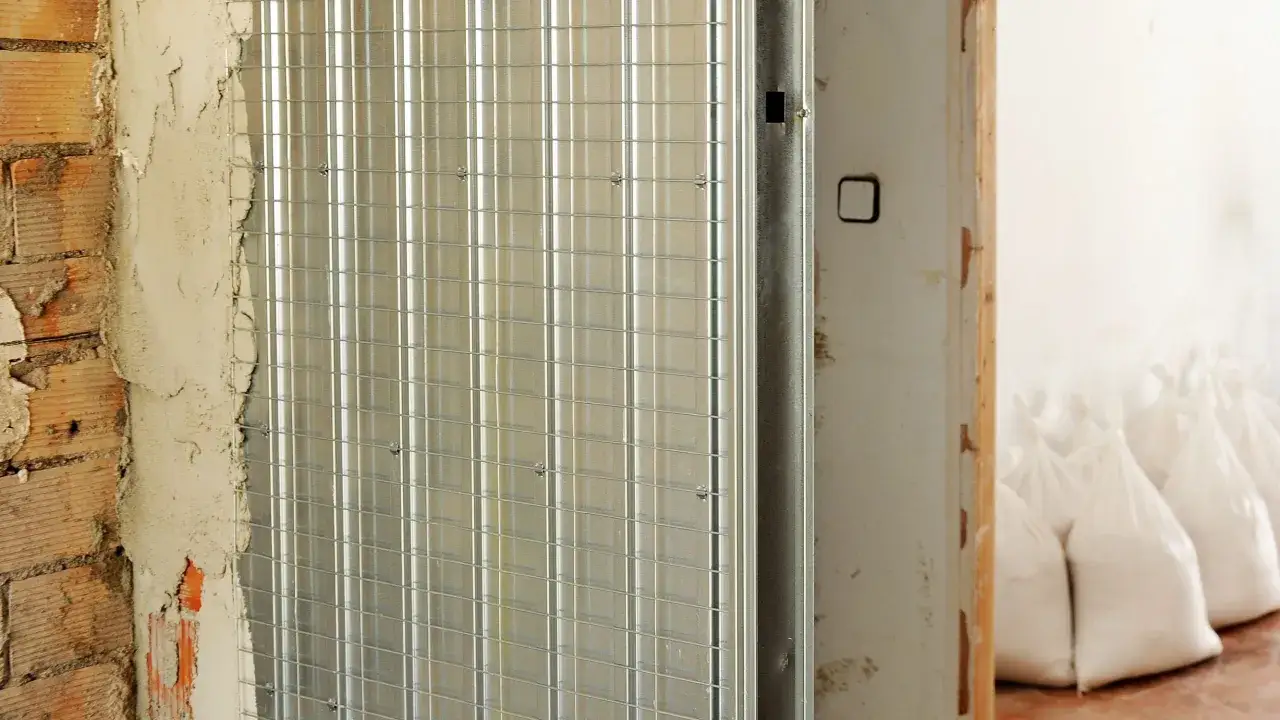 Preparativos para instalar puerta corredera empotrada. Malla met&aacute;lica sujeta a pared de ladrillo y yeso.