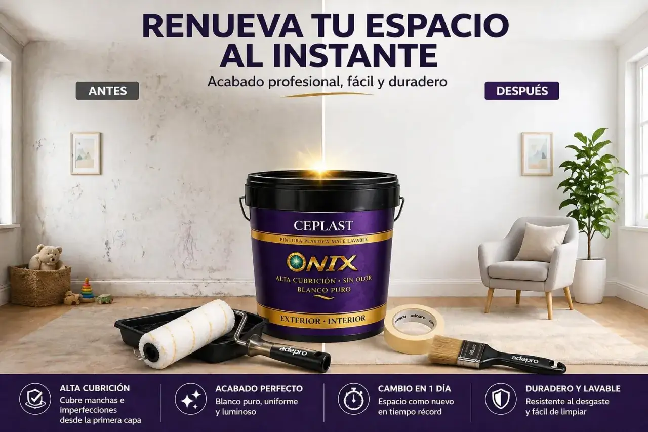 Pintura para pl&aacute;stico ONIX de CEPLAST transforma tu hogar. Antes y despu&eacute;s de renovar un espacio con acabado profesional.