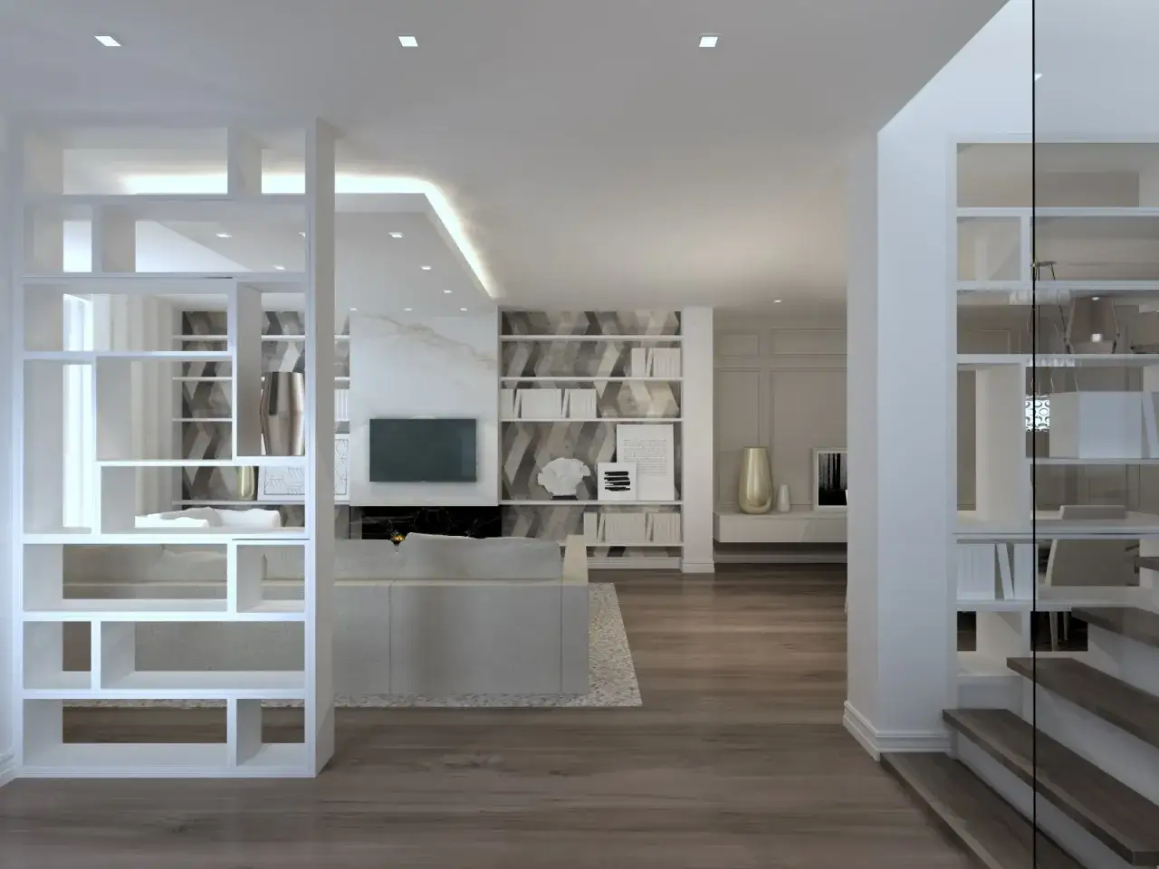 Estanter&iacute;as modulares y divisorias de espacios que muestran diversos tipos de cerramientos interiores, creando un ambiente moderno y organizado.