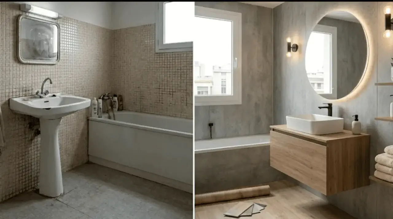 Antes y despu&eacute;s de una reforma de ba&ntilde;o sin quitar azulejos. El nuevo ba&ntilde;o es moderno y elegante.