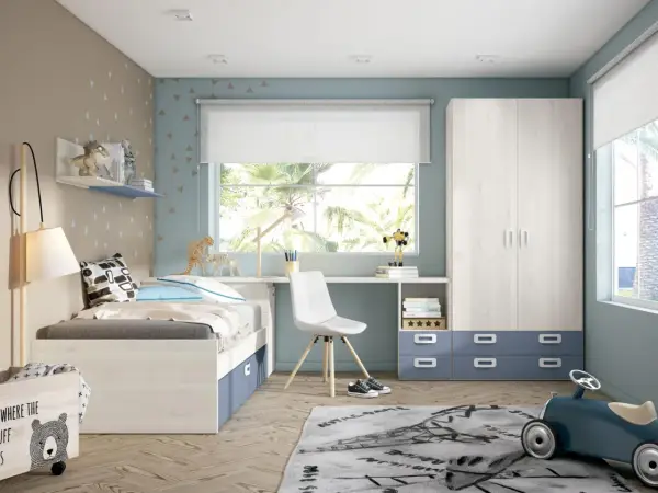 Habitación juvenil con cama, escritorio y armario. Ideas de pintura y decoración con dinosaurios y un coche de juguete.